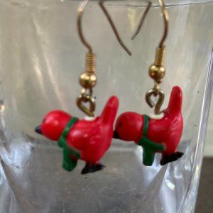 Cute little red birds with green scarf on gold tone wire earrings